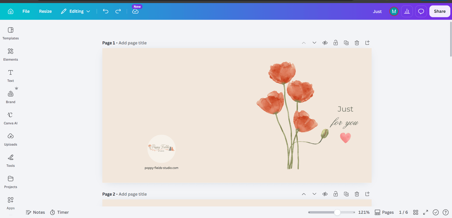 Poppies greeting card design in Canva